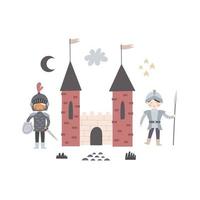 cartoon knight, castle, decor elements. colorful vector illustration, flat style. design for cards, t-shirt print, poster