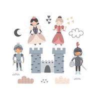 cartoon knight, princess, castle, decor elements. colorful vector illustration, flat style. design for cards, t-shirt print, poster