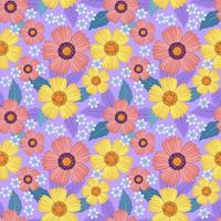 Beautiful Sweet Colourful Flowers and Leave Design On Purple Background Seamless Pattern for Fabric Textile Wallpaper. vector