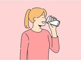 Smiling girl drinking milk from glass. Happy woman enjoy dairy product for calcium and nutrition organic diet. Vector illustration.