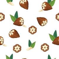 Cocoa beans seamless pattern. Chocolate cocoa beans tree. Organic product. Background for packaging chocolate drink and chocolate. Cartoon vector illustration isolated on the white background.