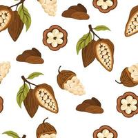 Cocoa beans seamless pattern. Background for packaging chocolate drink and chocolate. Cartoon vector illustration isolated on the white background.