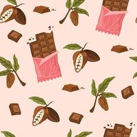 Chocolate and cocoa beans seamless pattern. World Chocolate Day. Cocoa and piece chocolate. Background for packaging chocolate drink and chocolate. Cartoon vector illustration isolated