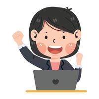 Cute Female entrepreneur excited hold fist hand up gesture with laptop vector