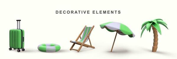 3d realistic set of decorative elements in beach chair, suitcase, camera, umbrella, palm tree, lifebuoy. Vector illustration.