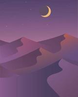 vector illustration of night desert landscape with crescent moon