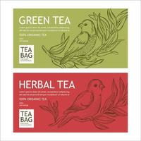 GREEN AND HERBAL TEA Packaging With Birds And Flowers Set vector