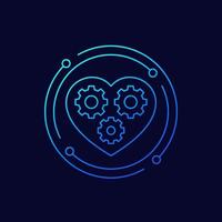 biotechnology icon with heart and gears, linear design vector