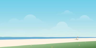 Seascape and blue sky have man sitting alone on the beach flat design. Tropical beach with blank space vector illustration.