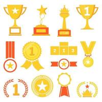 Golden trophy cups and golden medals for success and achievements. A set of trophies for victory win at contest or competition. vector