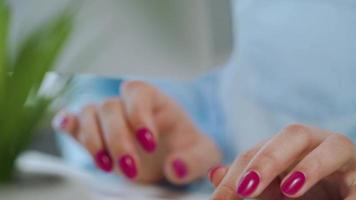 Female hands with bright manicure typing on a computer keyboard video