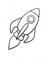 Hand drawn doodle of rocket space with a flame from a turbine. Cartoon sketch. vector