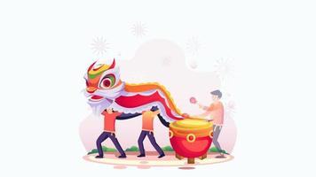Barongsai or Lion Dance Performance and a drummer beating the drum Flat Animated. 4K Animated Happy Chinese New Year Icon to Improve Your Project and Explainer Video. video