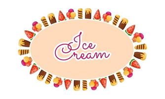 A frame with various types of ice cream on a white background. Vector frame template for restaurant menus, postcards, backgrounds, summer designs