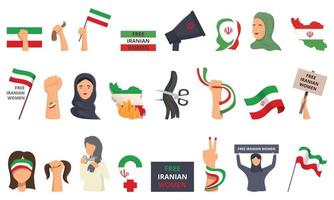 Iran protests icons set cartoon vector. Woman flag vector