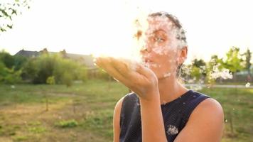 Portrait of pretty woman outdoors in sunny day. Fluff from reeds flies around video