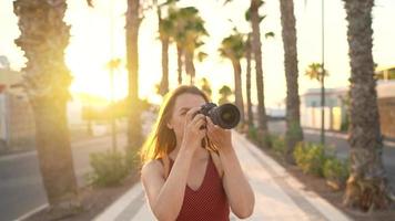 fotografo turista donna assunzione fotografie con telecamera nel un' bellissimo tropicale paesaggio a tramonto video