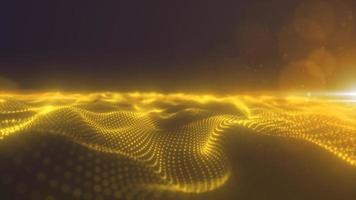 The abstract yellow energy surface with magic waves of particles and points with the blizzard of blur and glow abstract rear background, video 4K, 60 FPS