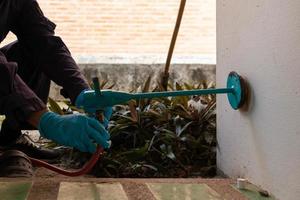 exterminate termite control company employee is using a termite sprayer at customer's house and searching for termite nests to eliminate. exterminate control worker spraying chemical insect repellant photo