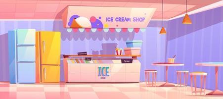Ice cream shop interior with fridge and tables vector