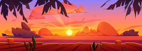 Beautiful sunset over sea view from wooden pier vector