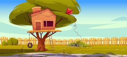 Tree house on backyard lawn with fence background vector