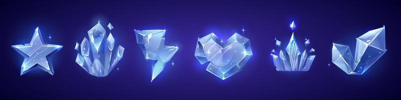 Crystal game crown, heart and star vector icon set