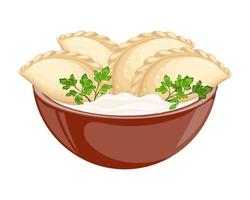 Vareniki in a bowl with sour cream and herbs. Ukrainian national cuisine. Food illustration, vector. vector