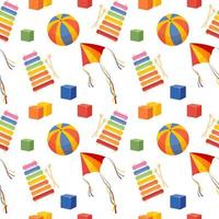 Seamless pattern of colorful children's toys. Balls, kites, drum, cubes on a white background. Background, print, vector