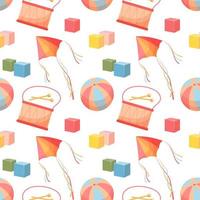 Seamless pattern of colorful children's toys. Balls, kites, drum, cubes on a white background. Background, print, vector