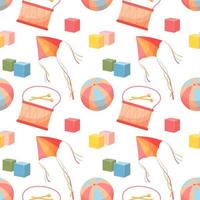 Seamless pattern of colorful children's toys. Balls, kites, drum, cubes on a white background. Background, print, vector