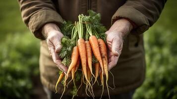 , vegetables in the hands of a farmer in the garden, carrots from the ground, a good harvest of eco products. photo