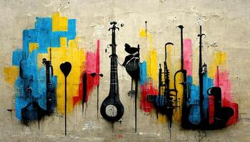 , Abstract Street art with keys and musical instruments silhouettes. Ink colorful graffiti art on a textured paper vintage background, inspired by Banksy photo