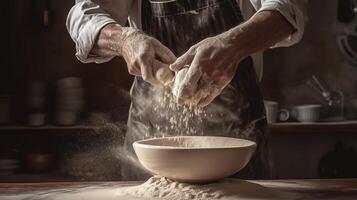 , Hands of baker in restaurant or home kitchen, prepares ecologically natural pastries photo