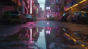 , Night scene of after rain city in cyberpunk style, futuristic nostalgic 80s, 90s. Neon lights vibrant colors, photorealistic horizontal illustration. photo