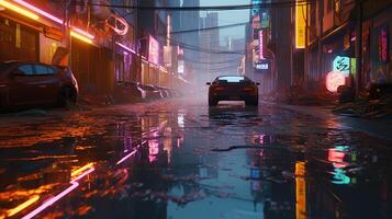 Generative AI, Night scene of after rain city in cyberpunk style,  futuristic nostalgic 80s, 90s. Neon lights vibrant colors, photorealistic  vertical illustration. 28891087 Stock Photo at Vecteezy
