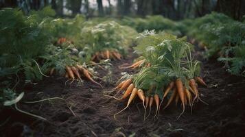 generativo ai, fila de Fresco zanahorias con verde hojas en el suelo, vegetales en el jardín, un bueno cosecha de eco productos foto