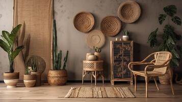 , Eco wooden room with plants with natural furniture, boho ethnic chic style interior design photo