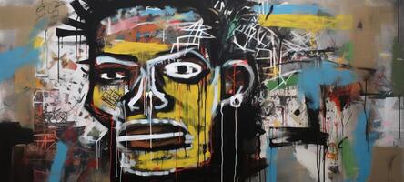 generativo ai, calle pintada resumen Arte con feo cara en un texturizado pared Clásico fondo, inspirado por jean-michel basquiat, nuevo York urbano estilo. foto