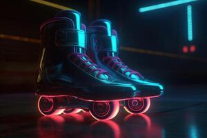 , Roller skate in cyberpunk style, disco nostalgic 80s, 90s. Neon night lights vibrant colors, photorealistic horizontal illustration of the futuristic city. Sport activity concept. photo