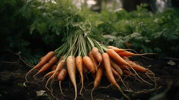 generativo ai, fila de Fresco zanahorias con verde hojas en el suelo, vegetales en el jardín, un bueno cosecha de eco productos foto