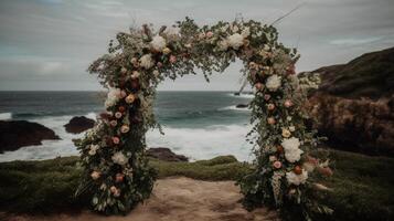 generativo ai, Boda ceremonia boho rústico estilo arco con flores y plantas, flor ramos de flores foto