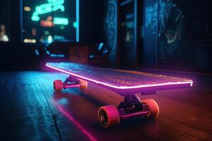 , skate board in cyberpunk style, disco nostalgic 80s, 90s. Neon night lights vibrant colors, photorealistic horizontal illustration of the futuristic city. Sport activity concept. photo