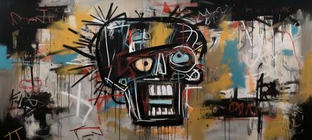 , street graffiti abstract art with ugly face on a textured wall vintage background, inspired by Jean-Michel Basquiat, New York urban style. photo