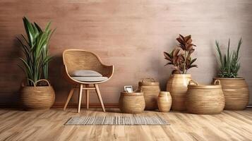 , Eco wooden room with plants with natural furniture, boho ethnic chic style interior design photo