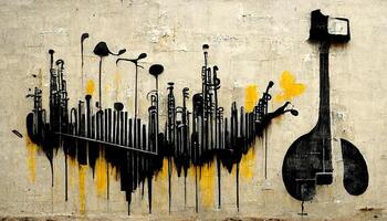 , Abstract Street art with keys and musical instruments silhouettes. Ink colorful graffiti art on a textured paper vintage background, inspired by Banksy photo