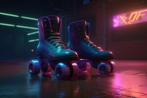 generativo ai, rodillo patinar en cyberpunk estilo, disco nostálgico años 80, años 90 neón noche luces vibrante colores, fotorrealista horizontal ilustración de el futurista ciudad. deporte actividad concepto. foto