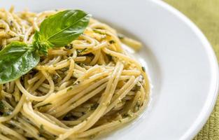 Portion of pasta with pesto sauce and basil leaf photo