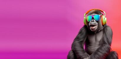 close up portrait of gorilla wearing glasses and headset, pleasant smile expression, listening to music concept happily, on colorful copy space background. photo