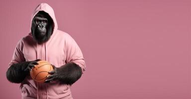 Studio shot of a gorilla in a jacket holding a basketball, stylized as a sports model, on a pastel pink copy space background. photo